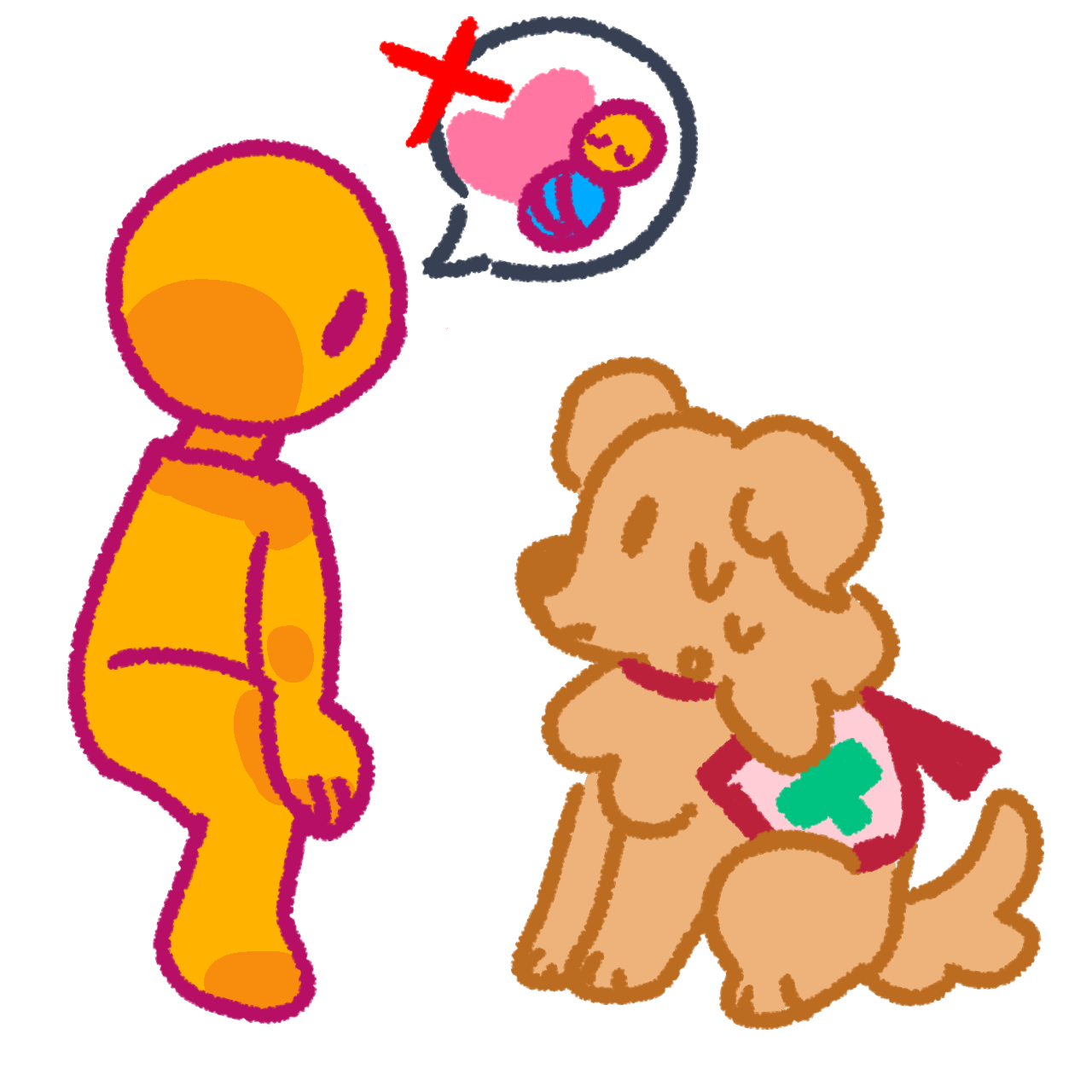 a yellow person crounching down and looking at a brown service dog wearing a vest which has a green medical cross on it aswell as a red collar.  The person has a speech bubble coming out of them that has a pink heart next to a yellow baby wrapped in a blue blanket. The dog looks uncomfortable. On top of the speech bubble on the left corner is a red X
